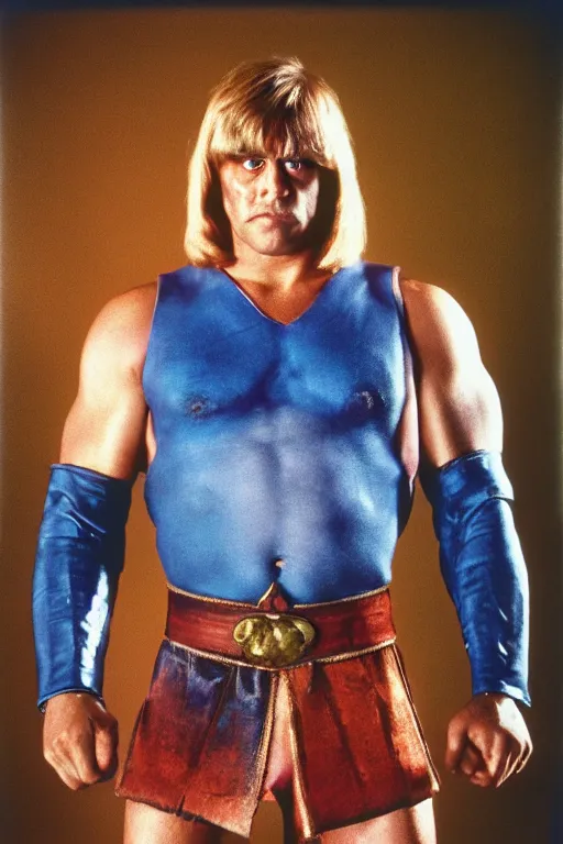 Image similar to he - man, portrait, full body, symmetrical features, color photo, 1 9 8 5 photograph, kodachrome, aged paper, sergio leone, master prime lenses, cinematic