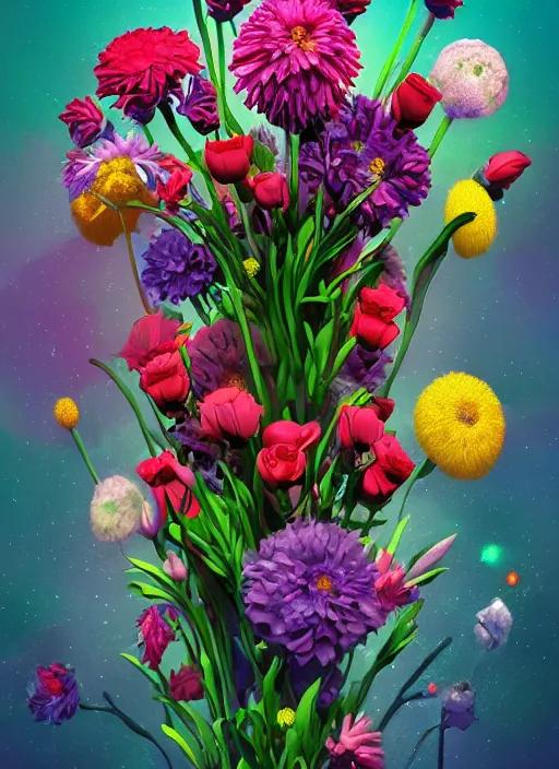 Image similar to An epic fantastic realism comic book style painting of the most beautiful flowers launched across the galaxy, bouquets, fisheye lens, unreal 5, DAZ, hyperrealistic, octane render, dynamic lighting