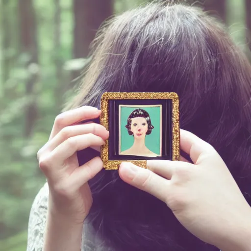 Image similar to hand holding an open golden locket pendant with a retro photo of an elegant and aesthetic woman portrait, on a forest background with bokeh. Retro. Antique. High quality 8k. Intricate. Graflex camera. Award winning