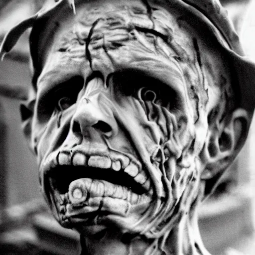 Image similar to real life irradiated undead acute radiation sickness flaking, melting, rotting skin 1950s nuclear wasteland black and white award winning photo highly detailed, highly in focus, highly life-like, facial closeup taken on Arriflex 35 II, by stanley kubrick