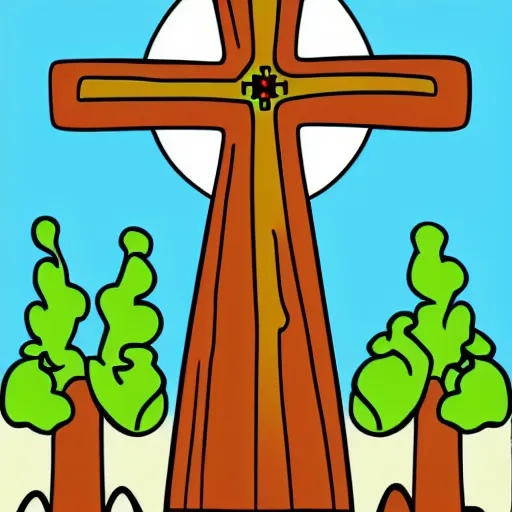 Prompt: portrait of a cross with nature and some thing about creation, christianity, cartoon, vector