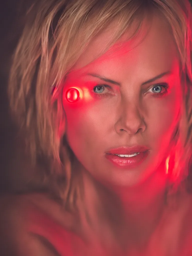 Image similar to hyper realistic portrait of Charlize Theron illuminated by red light , night , 85 mm f1.4 ,