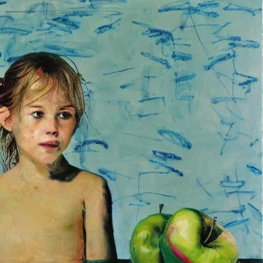 Prompt: an oil painting of apple by cy twombly and pipilotti rist