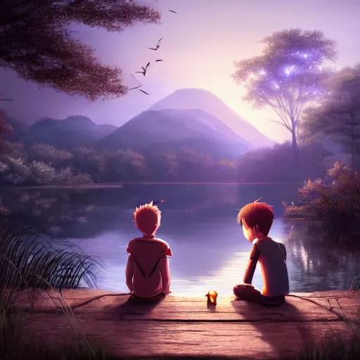 Image similar to a silver dragon and a boy sitting together next to a lake watching firefly at night in forest, concept art, dof, cryengine, digital art, detailed background, makoto shinkai