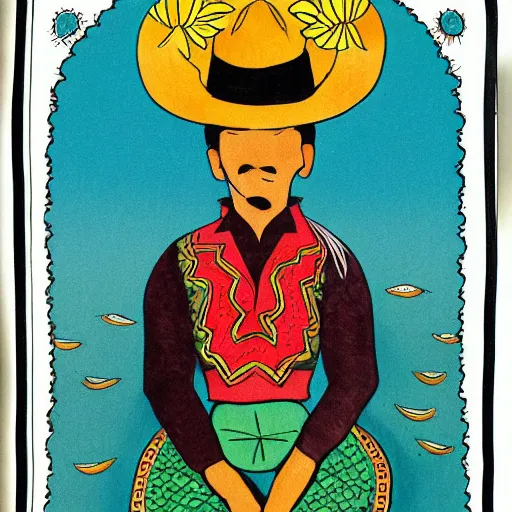 Prompt: mexican vaquero seated lotus position, persian folklore illustration