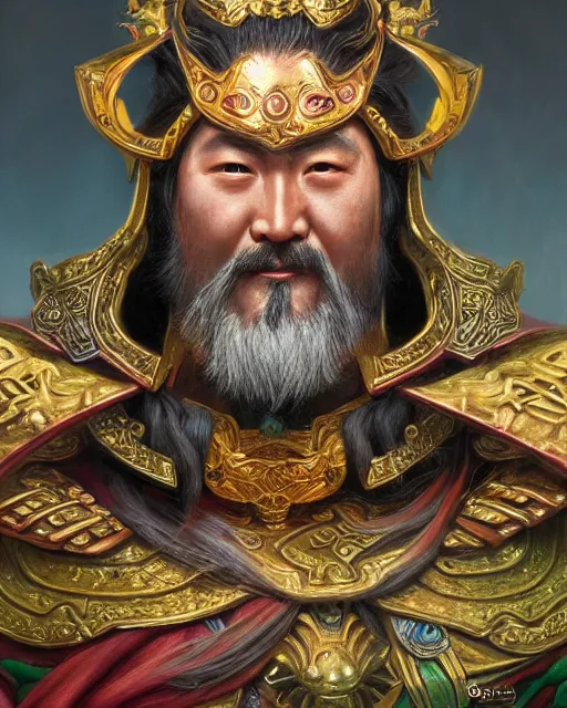 Image similar to guan yu portrait | highly detailed | very intricate | symmetrical | whimsical and magical | soft cinematic lighting | award - winning | closeup portrait | doll | painted by donato giancola and mandy jurgens and ross tran | pastel color palette | featured on artstation