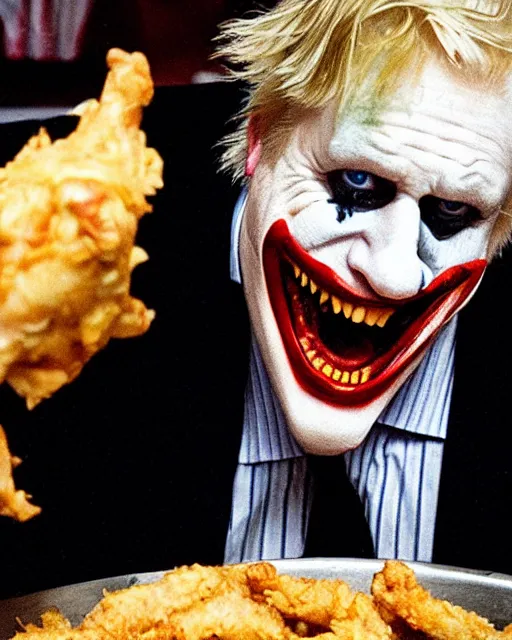 Image similar to film still close - up shot of boris johnson as the joker eating fried chicken from the movie the dark knight. photographic, photography