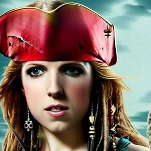 Prompt: still of Anna Kendrick as Captain Sparrow in Pirates of the Caribbean remake 2029