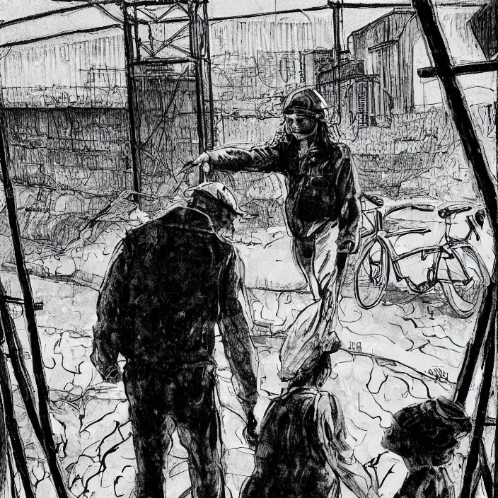 Image similar to sadie sink in dirty workmen clothes waves goodbye to workmen. near a gate. background : factory, dirty, polluted. technique : black and white pencil and ink. by gabriel hardman, joe alves, chris bonura. cinematic atmosphere, detailed and intricate, perfect anatomy