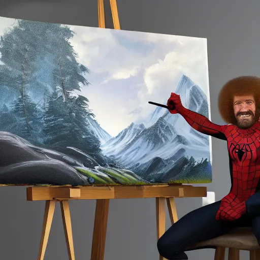 Image similar to a closeup photorealistic photograph of bob ross working on a canvas painting of spiderman. film still. brightly lit scene. mountains and trees. this 4 k hd image is trending on artstation, featured on behance, well - rendered, extra crisp, features intricate detail, epic composition and the style of unreal engine.