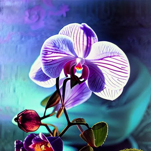 Image similar to detailed surreal orchid rose, transparent dew, backlit, sunset, refracted lighting, photorealistic, soft, sharp focus, art by collier, albert aublet, krenz cushart, artem demura, alphonse mucha