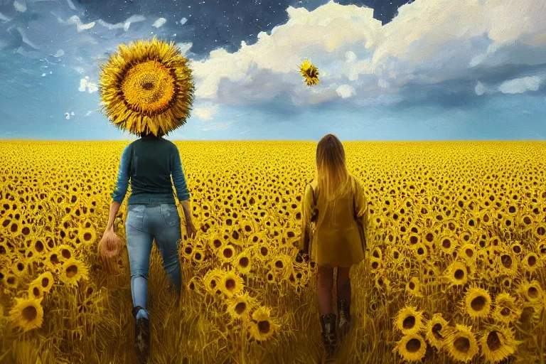 Image similar to huge sunflower head, girl walking in wheat field, hills, surreal photography, dark night, star trails, dramatic light, impressionist painting, clouds, digital painting, artstation, simon stalenhag