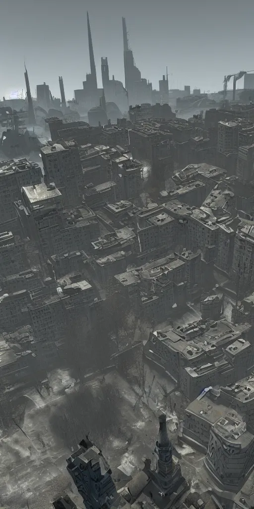 Prompt: half - life 2, city 1 7, eastern europe city, post ussr, citadel in view, extra long shot