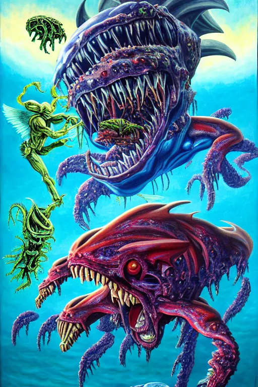 Prompt: a hyperrealistic painting of an epic boss fight against a battleship creature vs a flying biological jelly monster, cinematic horror by jimmy alonzo, the art of skinner, chris cunningham, lisa frank, richard corben, highly detailed, vivid color,