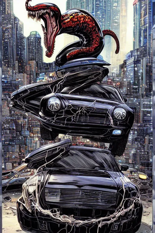 Image similar to a portrait of Venom standing on top of a wrecked car in the city art by Clayton Crain, Javier Garron and Gerardo Sandoval