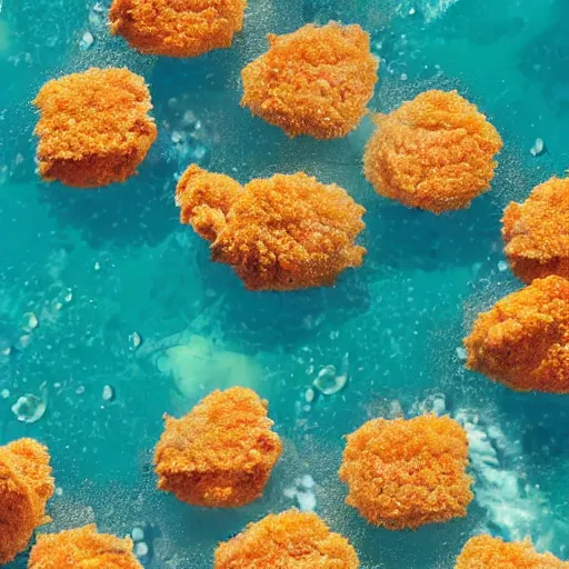 Prompt: photo of large chicken nuggets floating in the ocean