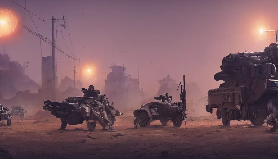 Image similar to a militarized police vehicle with mounted weapons riding through an orwellian egyptian town, troops searching the area, furious action scene, an epic fantasy, dramatic lighting, cinematic, establishing shot, extremely high detail, photorealistic, cinematic lighting, artstation, octane render, by simon stalenhag, horizon forbidden west