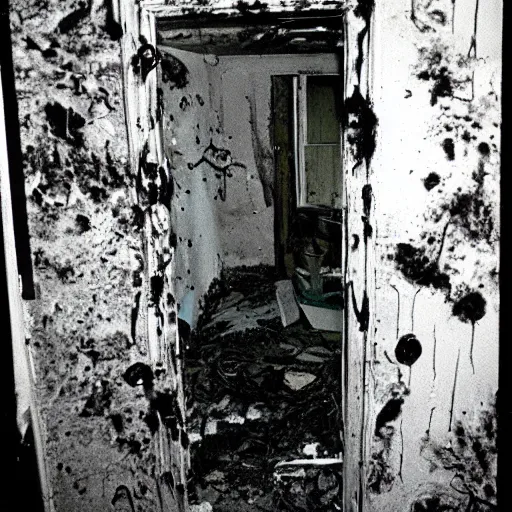 Image similar to 1 9 9 3, disposable camera, flash, old abandoned house, creature standing, meat, ooze, slime, veins, wet