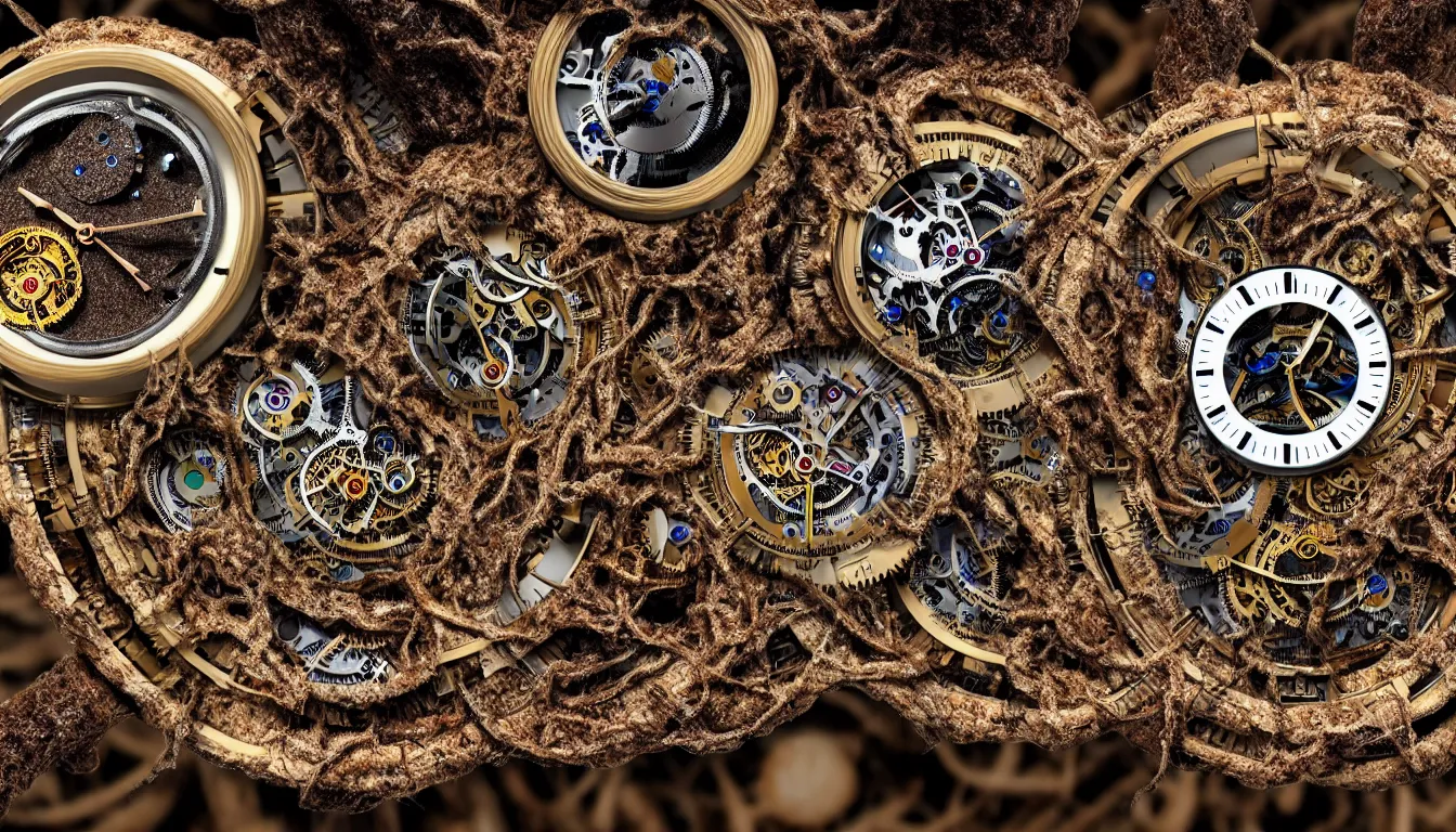 Image similar to detailed view from inside a clockwork watch, entangled roots covered in mushrooms, cracked earth, living microorganisms, decaying, hyper realistic photo, full colour, upscale, 8 k