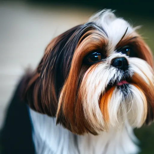 Prompt: shih tzu with brown and black fur, photography, 8 k, macro lens