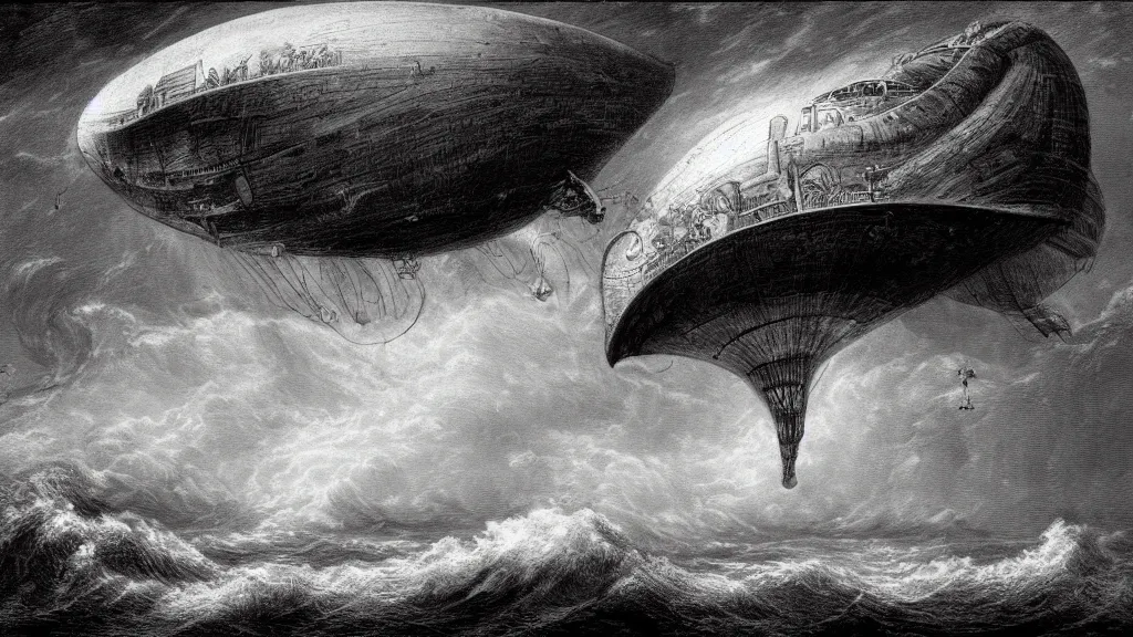 Image similar to drawing of one giant steampunk zeppelin flying above a stormy ocean, by gustave dore, nineteenth century, black and white, vintage, science fiction, epic composition, dramatic lighting, highly detailed, cinematic