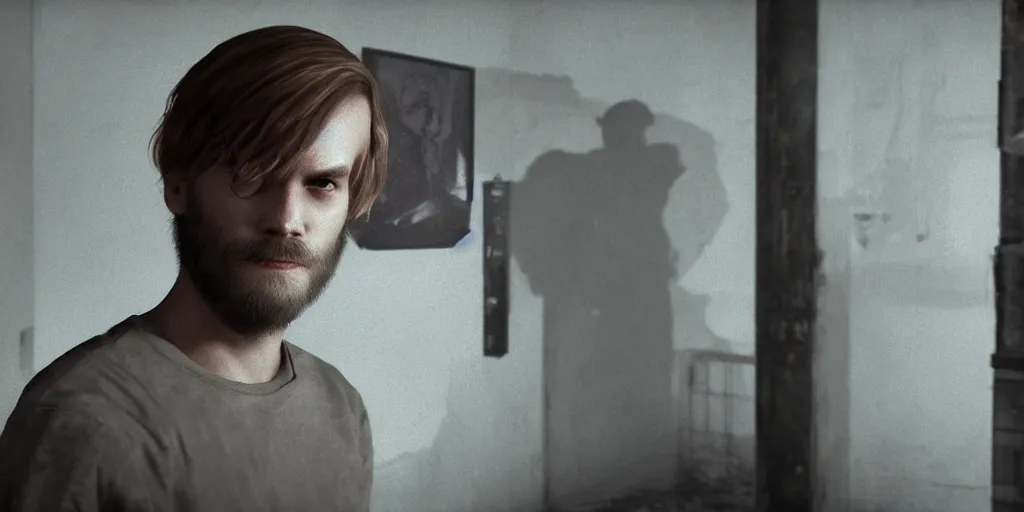 Prompt: pewdiepie, horror, dark cinematic, volumetric, realistic, 3d render, Realistic Render, Cinematic lighting, Volumetric lighting, atmospheric, cinematic, unreal engine, unreal engine render, octane render, HD, photorealism, hyper realistic, photo, 8K, in the style of Chris Cunnigham, by Wes Anderson