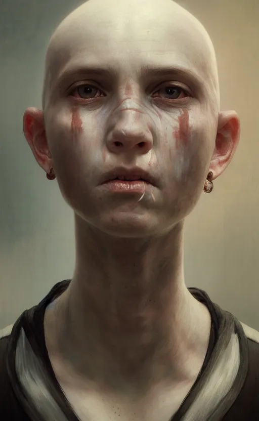 Prompt: a detailed portrait of a weird looking sick human child, white skin, bald, white eyes, black background, concept art, deep focus, intricate, highly detailed, digital painting, artstation, matte, sharp focus, illustration, art by greg rutkowski and alphonse mucha