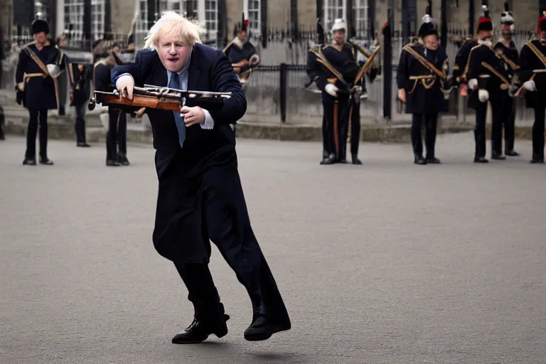 Image similar to closeup portrait of boris johnson dressed as a queen's guard firing a musket in a london street, natural light, sharp, detailed face, magazine, press, photo, steve mccurry, david lazar, canon, nikon, focus