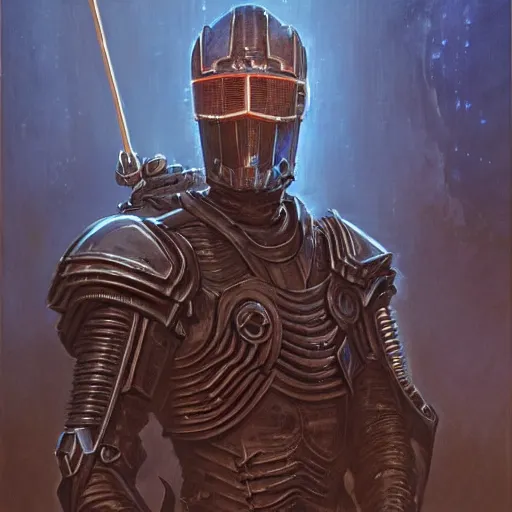 Prompt: the eldritch void knight as a realistic d & d cyberpunk knight, closeup portrait art by donato giancola and greg rutkowski, vintage retro scifi, realistic face, digital art, trending on artstation, symmetry!!