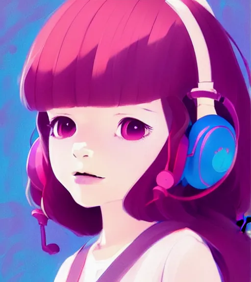 Image similar to beautiful little girl character inspired by 9 0's fashion and by madeline from celeste, art by rossdraws, wlop, ilya kuvshinov, artgem lau, sakimichan and makoto shinkai, concept art, headphones