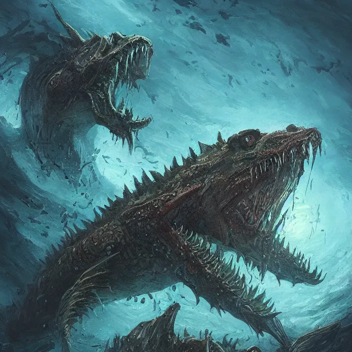 Prompt: sea monster large horror under the ocean d & d, d & d style, trending on artstation, intricate, highly detailed, vivid painting, colorful, art by greg rutkowski