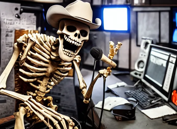 Prompt: an angry skeleton with cowboy attire shouting into a microphone in a rundown radio station studio filled with piles of beer cans