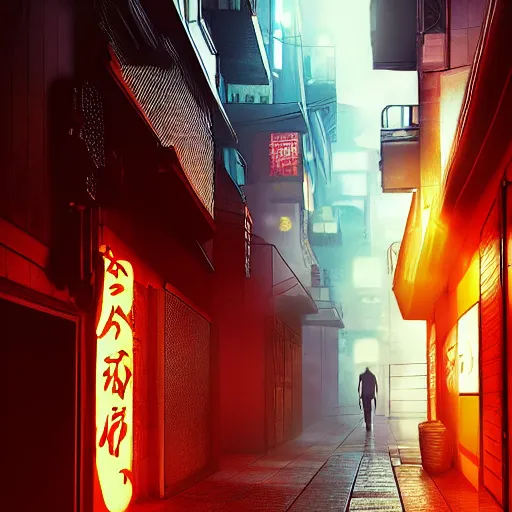 Prompt: a japanese alleyway in the style of blade runner 2049, volumetric lighting,