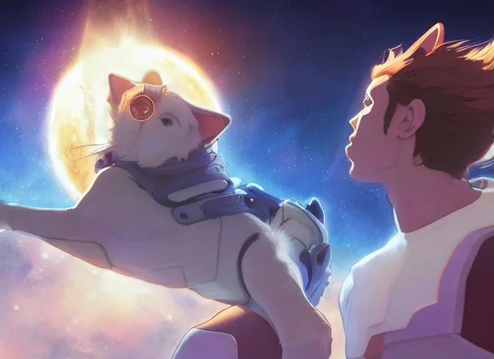 Image similar to a space handsome gay guy and his pet space cat staring role in a musical sci - fi space opera ghibli animated film, volumetric lighting, octane render by stanley artgerm lau, greg rutkowski, thomas kindkade, alphonse mucha, loish, norman rockwel, 8 k greg rutkowski