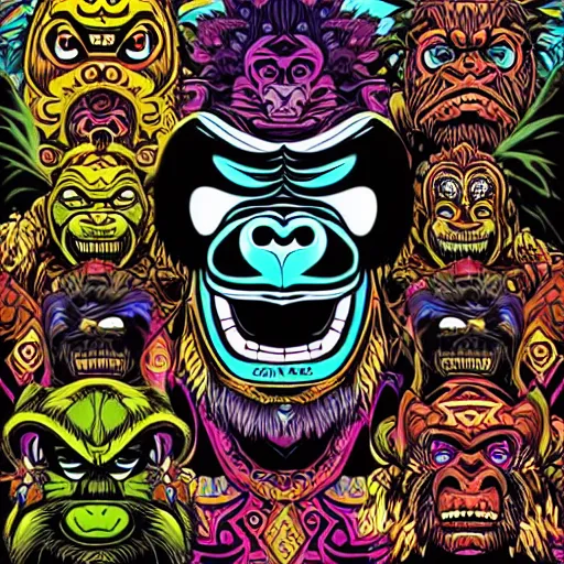 Image similar to barong family, wiwek, mara demon, one single tribe member, jungle, one single mask, dark, ancient warrior, stupid silly dumb gorilla moron, fat lizard, tribal, inner glow, art by dan mumford and justin gerard