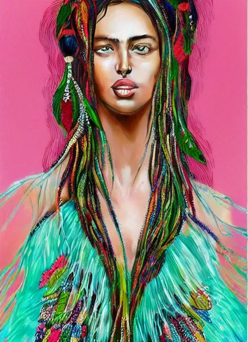 Image similar to beautiful portrait of Irina Shayk wearing fantastic Hand-dyed cotton dress,embellished beaded feather decorative fringe knots ,colorful pigtail,subtropical flowers and plants,dramatic,symmetrical face,intricate,elegant,highly detailed,8k,post-processing,digital painting,trending on pinterest, GUCCI,PRADA,concept art, sharp focus, illustration, by artgerm,Tom Bagshaw,Lawrence Alma-Tadema,greg rutkowski,alphonse Mucha