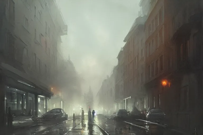 Prompt: watercolor painting of street at finlandhelsinkii, ambient lighting and shadows, fog, wonderful masterpiece by greg rutkowski, cinematic light