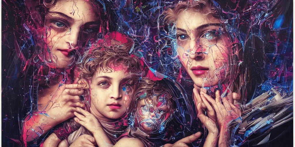 Image similar to portrait of Madonna and Child ,8k,by tristan eaton,Stanley Artgermm,Tom Bagshaw,Greg Rutkowski,Carne Griffiths, Ayami Kojima, Beksinski, Giger,trending on DeviantArt,face enhance,hyper detailed,minimalist,cybernetic, android, blade runner,full of colour, super detailed