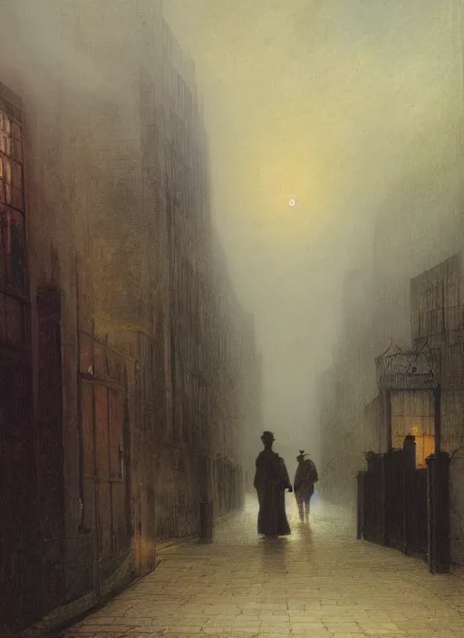 Image similar to 1 9 th century london, shady alleys, pub, thick fog, art by caspar david friedrich, thomas lawrence, john martin