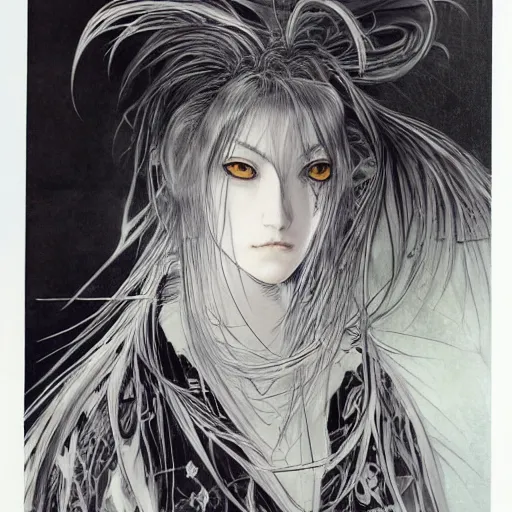 Image similar to yoshitaka amano realistic illustration of an anime girl with black eyes, wavy white hair fluttering in the wind and cracks on her face wearing elden ring armor with engraving, abstract black and white patterns on the background, noisy film grain effect, highly detailed, renaissance oil painting, weird portrait angle, three quarter view, head turned to the side