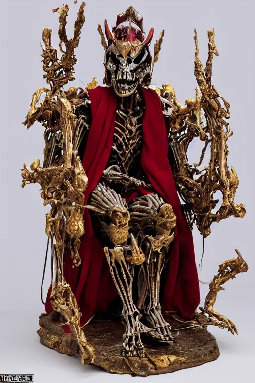 Image similar to wraith skeleton knight wearing crimson cloak sitting on throne, mechanic electric ornaments, golden metallic, realistic, detailed, by caravaggio