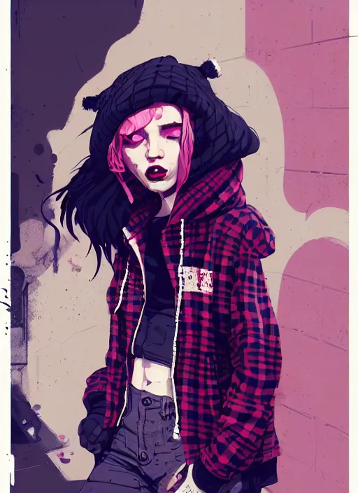 Image similar to highly detailed portrait of a sewer punk lady, tartan hoody, blonde ringlet hair by atey ghailan, by greg rutkowski, by greg tocchini, by james gilleard, by joe fenton, by kaethe butcher, gradient magenta, black, blonde cream and white color scheme, grunge aesthetic!!! ( ( graffiti tag wall background ) )