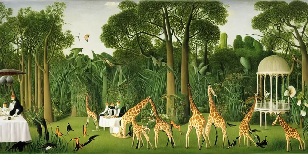 Image similar to elegant victorian tea party with giraffes in an english summer garden patio, hyper realistic henri rousseau - h 7 6 8