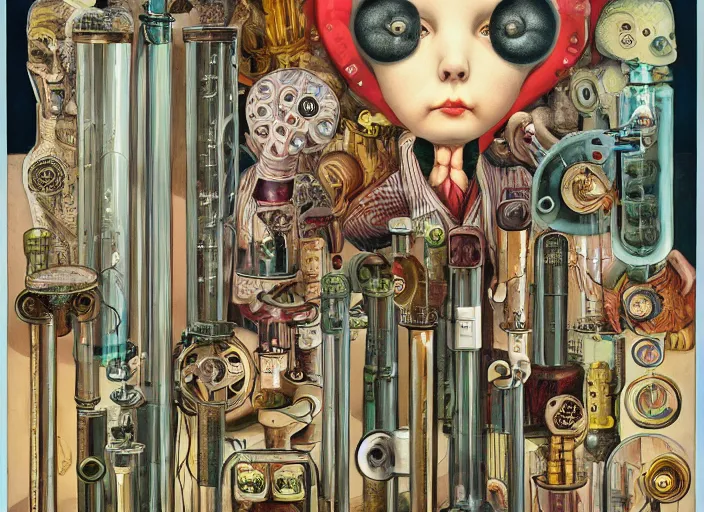 Prompt: a portrait of an inventor, test tubes, strange machines, electronics, lowbrow in the style of mark ryden and daniel merriam,