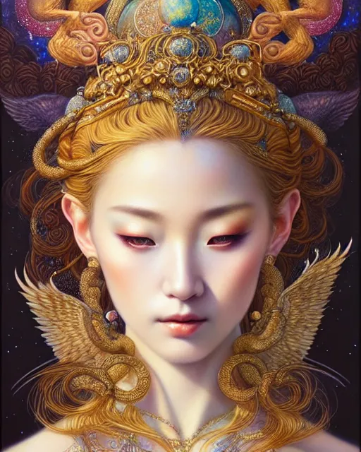 Prompt: portrait of a beautiful celestial goddess, sweet, graceful, esoteric, muted colors, head in focus, fantasy art, intricate, elegant, highly detailed, hyperrealistic painting, artstation, concept art, painterly, sharp focus, hasselbrad photography, illustration, art by chie yoshii