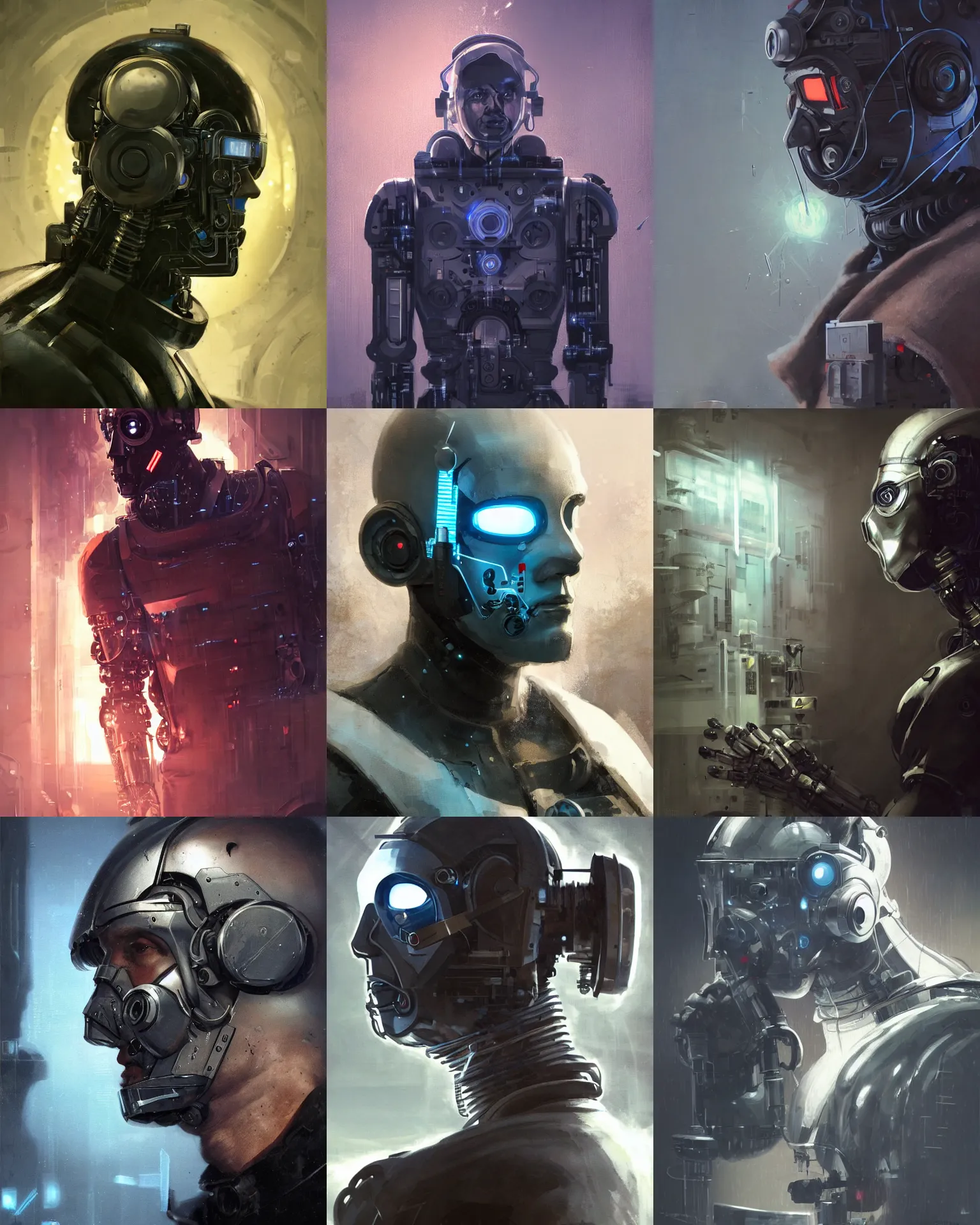 Prompt: a masked laboratory operator man with cybernetic enhancements seen from a distance, scifi character portrait by greg rutkowski, craig mullins, 1 / 4 headshot, cinematic lighting, dystopian scifi outfit, profile picture, mechanical, cyborg, half robot