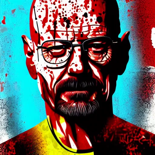 Image similar to an abstract blood splatter painting of walter white, hyperrealistic digital art