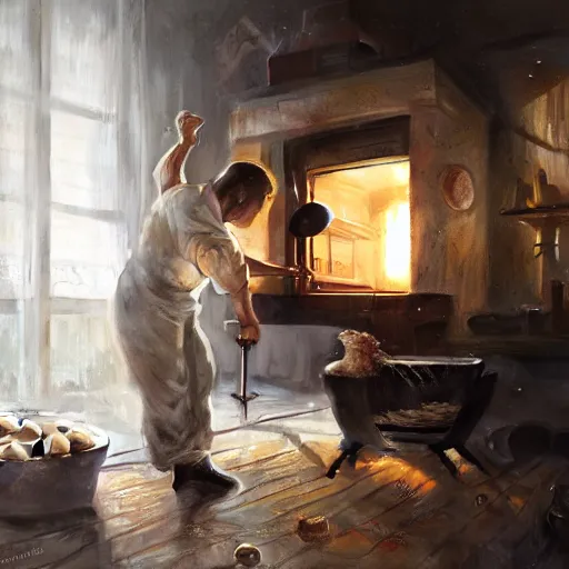Image similar to a physical therapist baking a pie in the oven, volumetric lighting, 8 k octane beautifully detailed render, post - processing, extremely hyper - detailed, intricate, epic composition, cinematic lighting, masterpiece, trending on artstation, detailed detailed detailed, masterpiece, stunning art by anders zorn, wonderful masterpiece by greg rutkowski, beautiful cinematic light,
