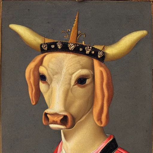 Image similar to a renaissance style portrait of Cattle (Bos taurus) wearing a crown and a cape, dark background