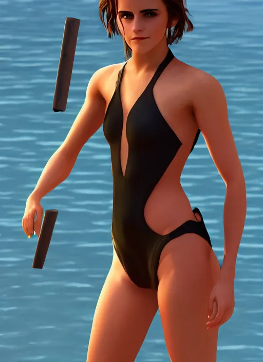 Image similar to ultrarealistic photo of emma watson swimsuit beach warrior, full body, cinematic, artstation